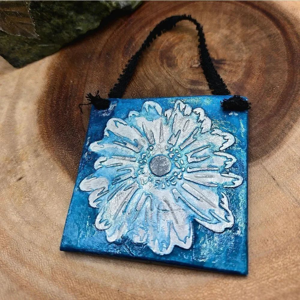 "5/$40" Small Handmade Clay Blue Watercolor Flower Hanging Art Tile 3x3"